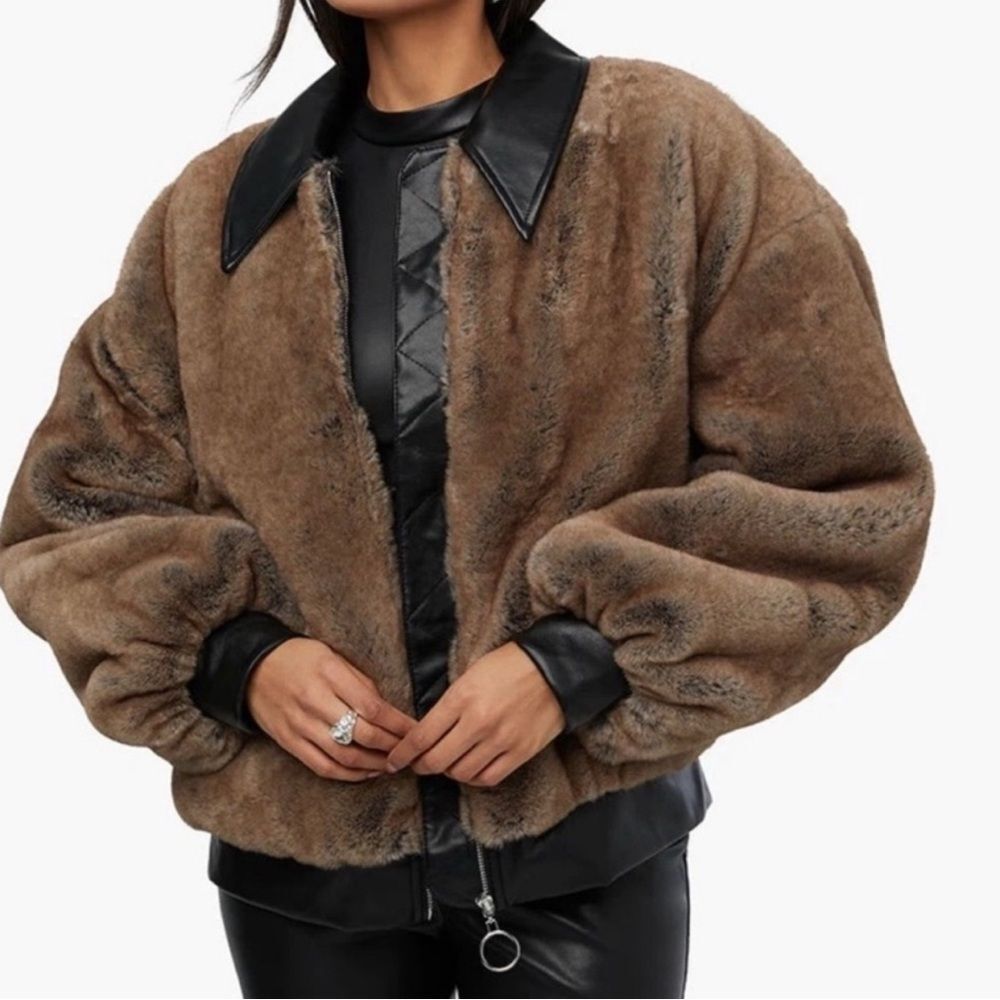 WeWoreWhat Faux Fur Bomber Jacket Vegan Leather Trim Size Small